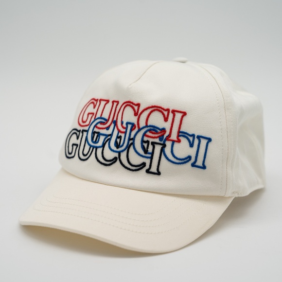 size L Gucci White Embroidered Logo Baseball Hat Cap Black Red Blue - Picture 1 of 8